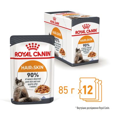 Упаковка вологого корму для котів Royal Canin Hair&Skin з мясом та рибою для здоров'я шкіри та краси шерсті котів (шматочки в соусе) 85 г