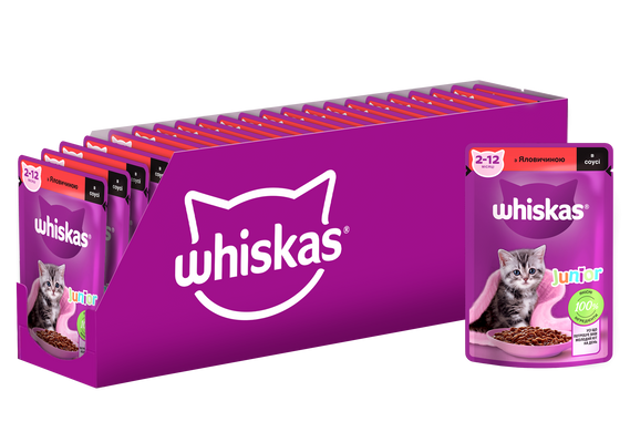 Упаковка вологого корму Whiskas Junior з яловичина в соусі 28 шт. * 85 г