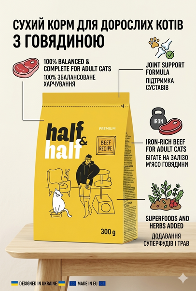Сухий корм для котів Half&Half для дорослих котів Adult, з яловичиною, 300 г 20956 фото