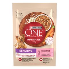 Вологий корм для дорослих собак PURINA ONE Mini/Small Sensitive дрібних порід з чутливим травленням з лососем рисом та морквою 85 г