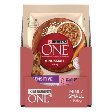 Вологий корм для дорослих собак PURINA ONE Mini/Small Sensitive дрібних порід з чутливим травленням з лососем рисом та морквою 85 г