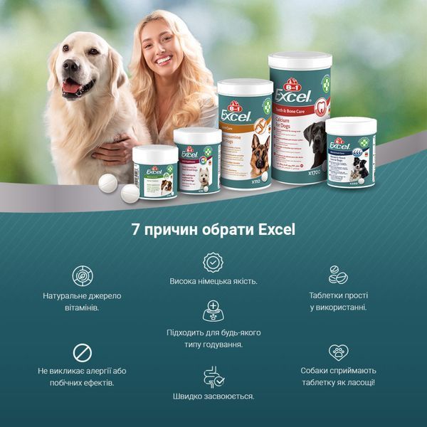 Вітаміни для собак 8in1 Excel Calcium, кальцій, фосфор, вітамін D3, 1700 таб 661832 фото