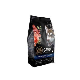 Сухий холістик корм для цуценят великих порід Savory Junior Large Fresh Turkey & Chicken з індичкою та куркою 3 кг 30204 фото