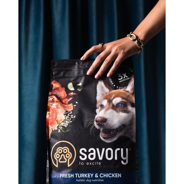 Сухий холістик корм для цуценят великих порід Savory Junior Large Fresh Turkey & Chicken з індичкою та куркою 3 кг 30204 фото