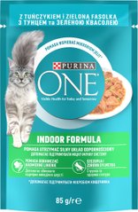 Вологий корм для дорослих котів PURINA ONE Indoor що постійно перебувають у приміщенні шматочки в соусі з тунцем та зеленою квасолею 85 г