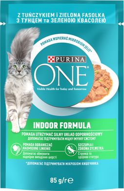 Вологий корм для дорослих котів PURINA ONE Indoor що постійно перебувають у приміщенні шматочки в соусі з тунцем та зеленою квасолею 85 г