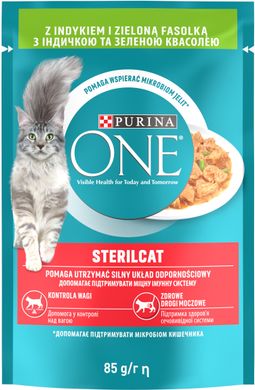 Вологий корм для дорослих котів PURINA ONE Sterilcat після стерилізації шматочки в соусі з індичкою та зеленою квасолею 85 г