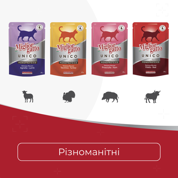 Вологий корм для котів Morando Miгliorгatto UNICO мус з прошуто 85 г 01433 фото