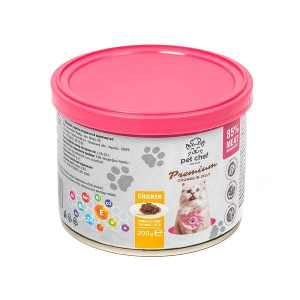 Вологий корм для котів Pet Chef з куркою, Шматочки в желе, 200 г 94066 фото