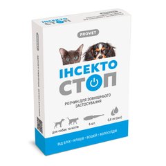 Краплі PROVET ІНСЕКТОСТОП для котів та собак, 6 піпеток по 0,8 мл (інсектоакарицид)