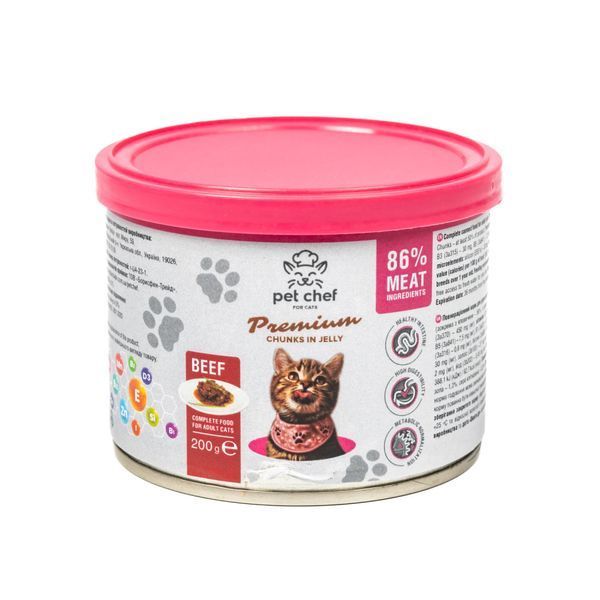 Вологий корм для котів Pet Chef з яловичиною, Шматочки в желе, 200 г 94042 фото