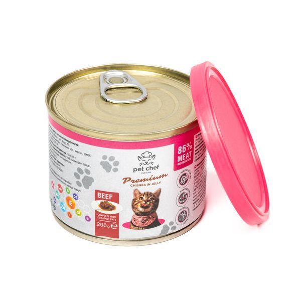 Вологий корм для котів Pet Chef з яловичиною, Шматочки в желе, 200 г 94042 фото