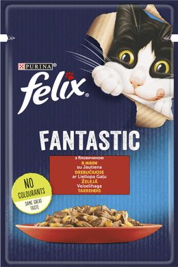 Упаковка вологого корму для дорослих котів FELIX Fantastic шматочки в желе з яловичиною 26 шт. *85 г