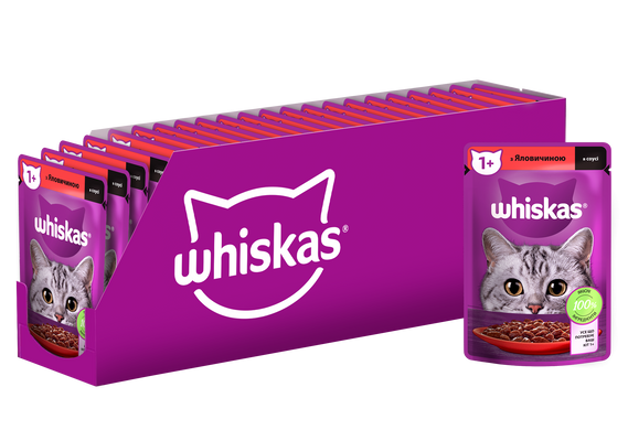 Упаковка вологого корму Whiskas з яловичиною в соусі 28 шт. * 85 г