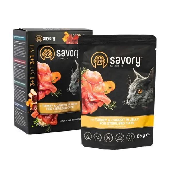 Вологий корм для котів Savory для стерилізованих котів Sterilised Індичка з морквою 4х85 г SV_040522 фото