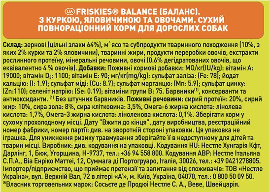 Сухий корм FRISKIES Balance для дорослих собак з куркою, яловичиною та овочами 10 кг